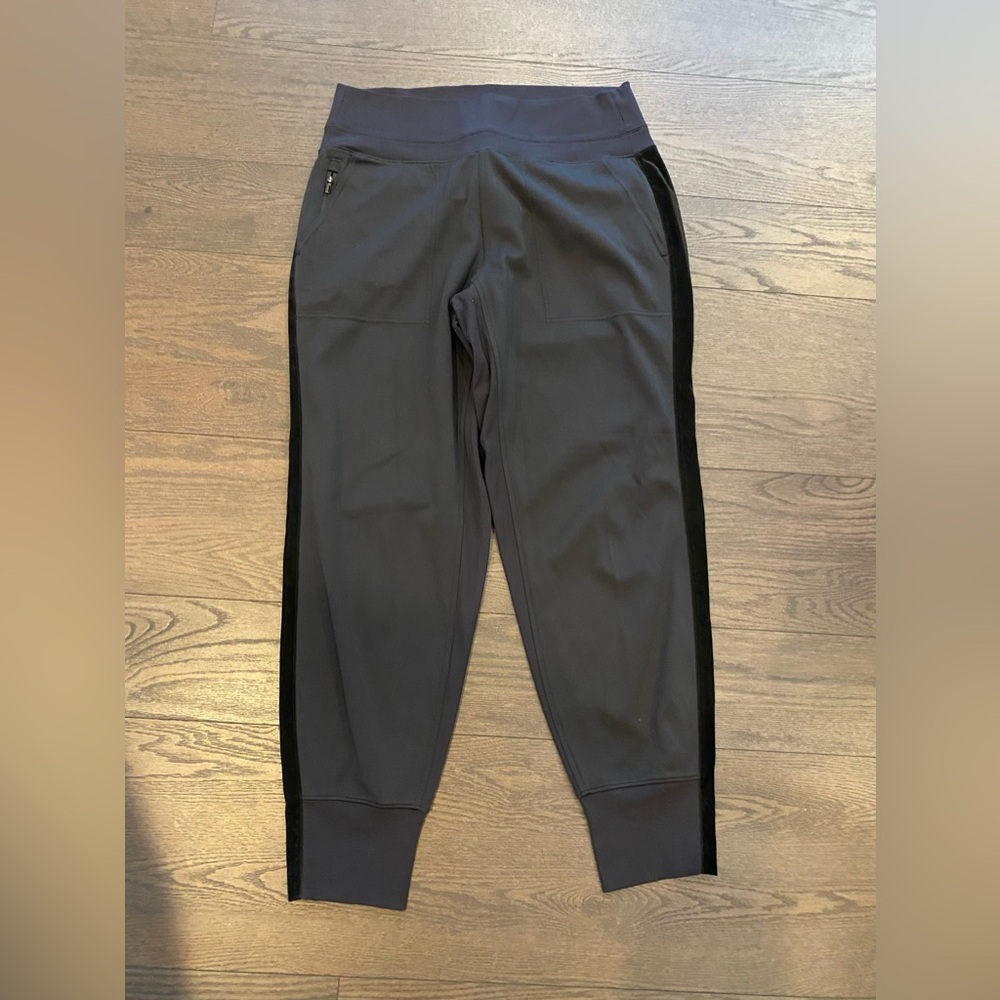Athleta Venice Joggers black with black velvet tuxedo stripe in size medium.
